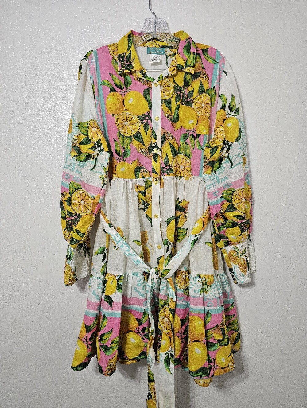 Amira Santorini Lemon Grove Tiered Mini Dress One Size 100% Cotton Mediterranean - Picture 2 of 8